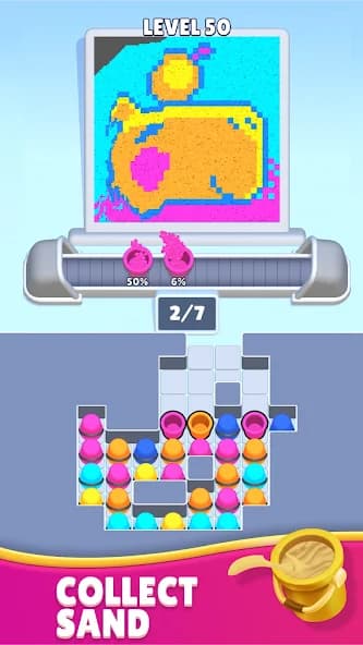 Sand Loop gameplay screenshot showing puzzle mechanics and colorful sand physics